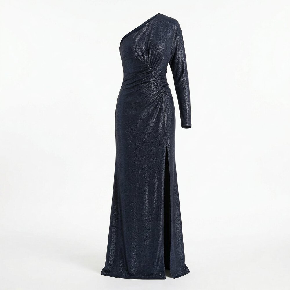 Ralph Lauren NAVY Metallic Knit One‑Shoulder Gown